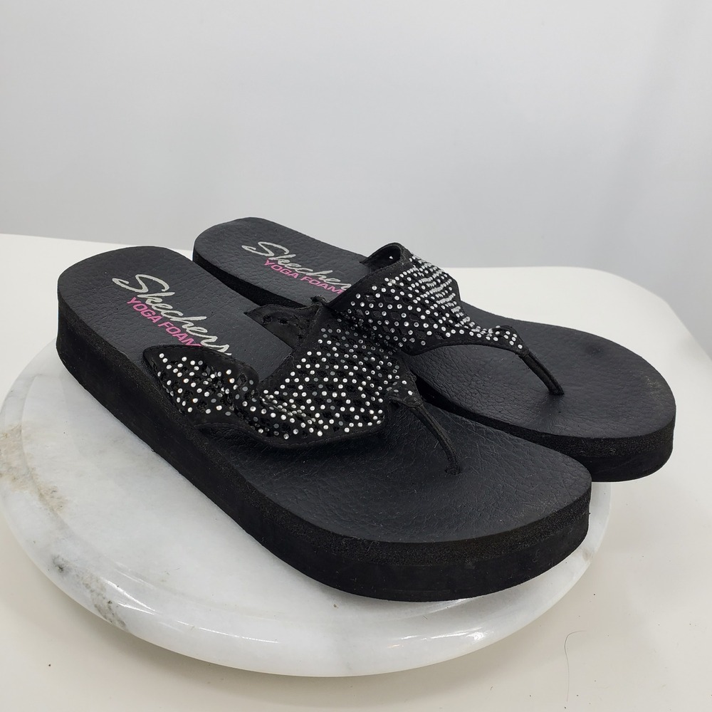 Skechers Yoga Foam Black Rhinestone Platform Flip Flop Sandals Wedge Size 9